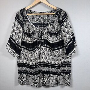 NY Collection Top Keyhole Neck & Tie Black & Beige Floral Women's 1X